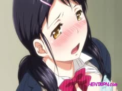 Shy horny hentai bitch sucking and jerking off huge dick using her round boobs 